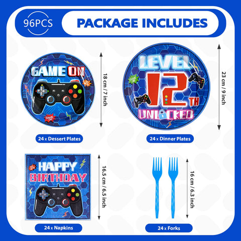 96 Pcs Video Game 12th Birthday Party Plates and Napkins - Grencian