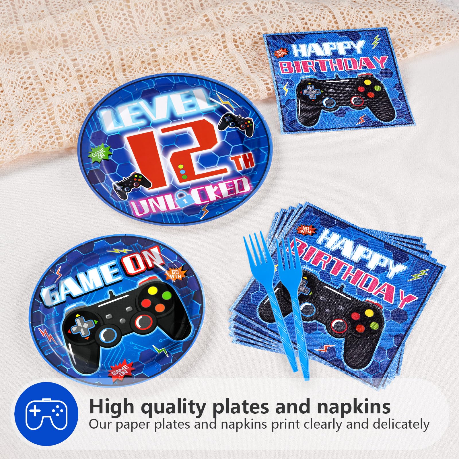 96 Pcs Video Game 12th Birthday Party Plates and Napkins - Grencian