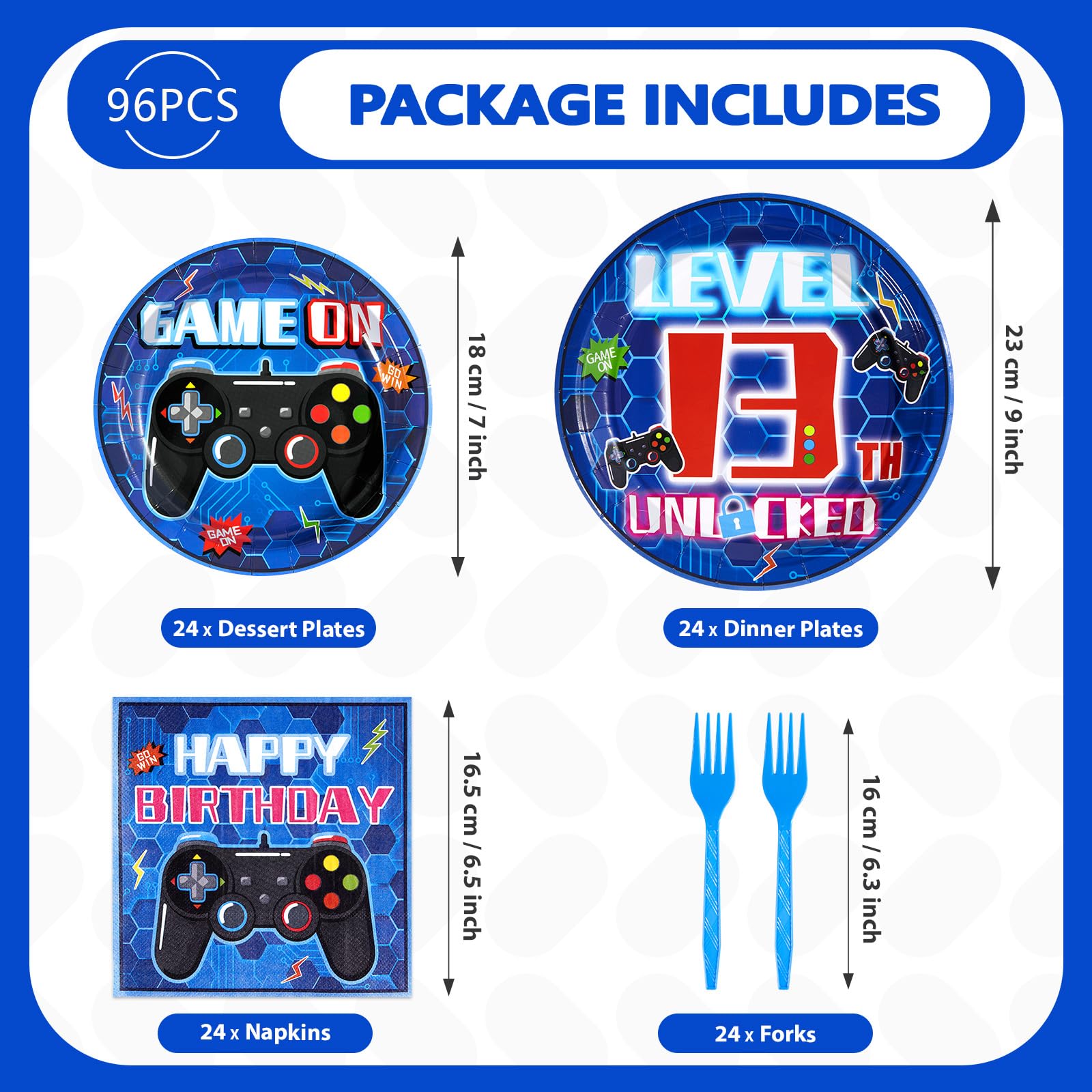 96 Pcs Video Game 13th Birthday Party Plates and Napkins - Grencian