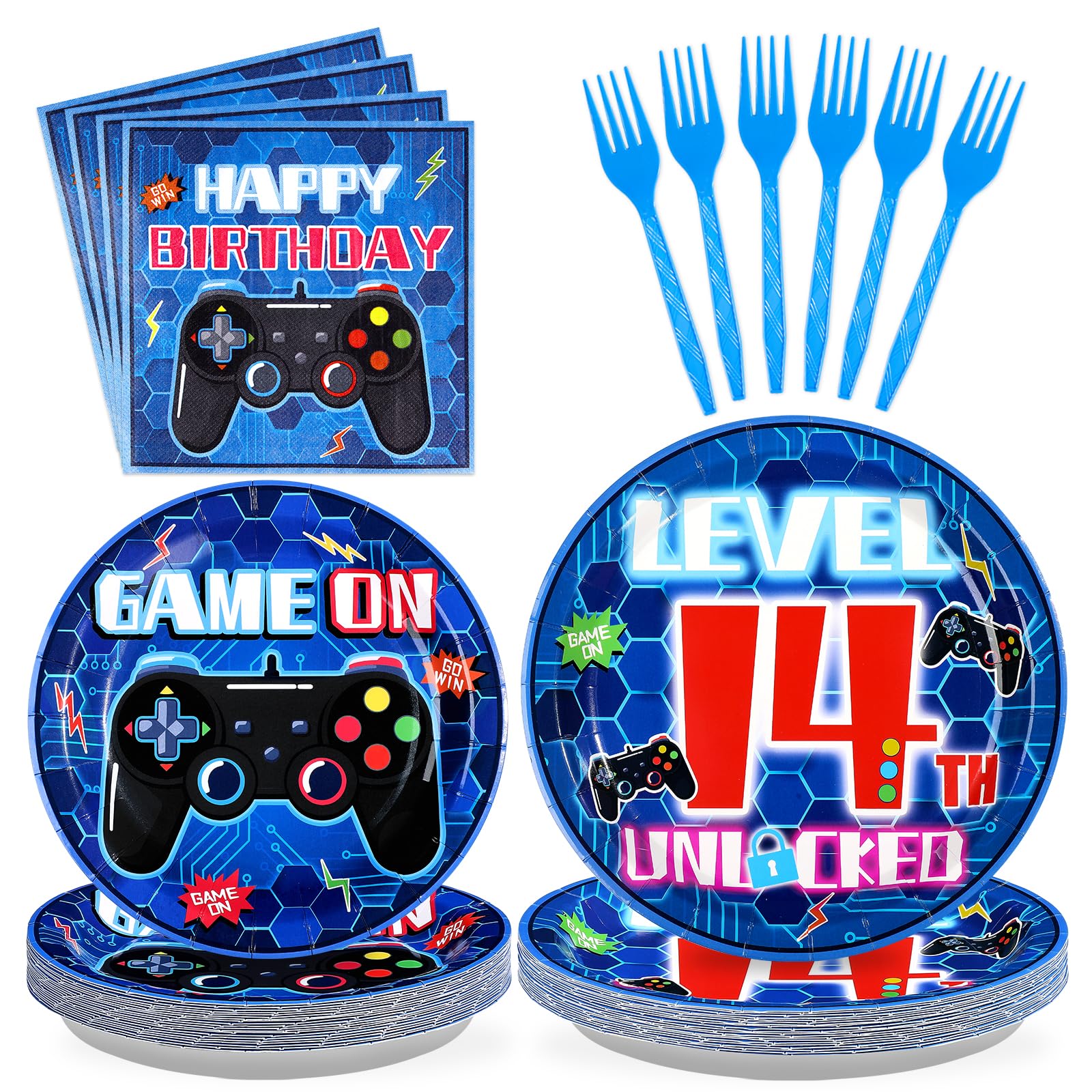 96 Pcs Video Game 14th Birthday Party Plates and Napkins - Grencian