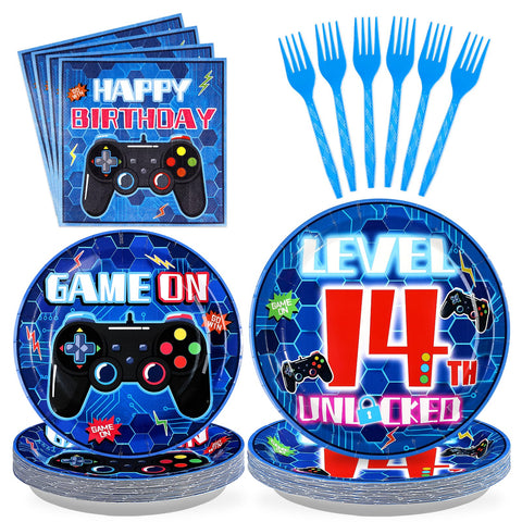 96 Pcs Video Game 14th Birthday Party Plates and Napkins - Grencian