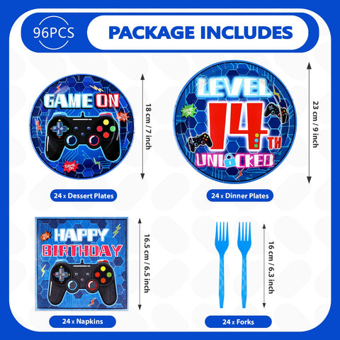 96 Pcs Video Game 14th Birthday Party Plates and Napkins - Grencian