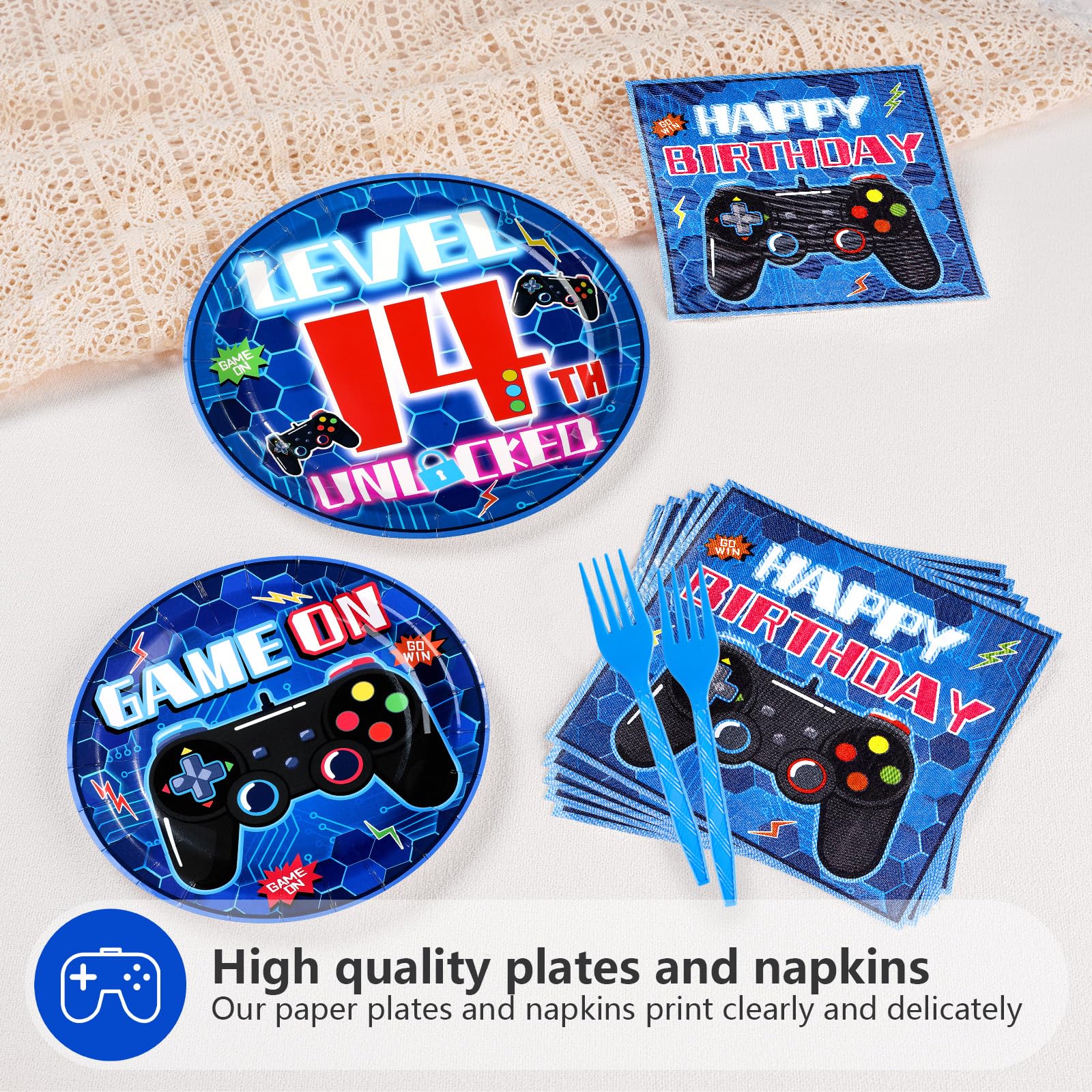 96 Pcs Video Game 14th Birthday Party Plates and Napkins - Grencian