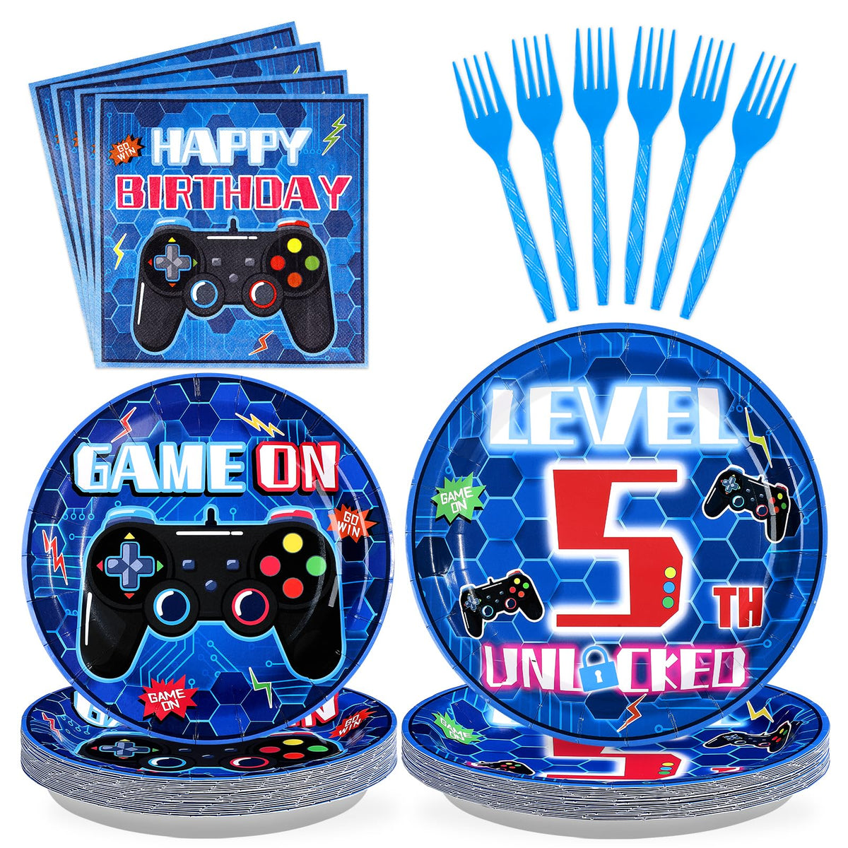 96 Pcs Video Game 5th Birthday Party Plates and Napkins - Grencian