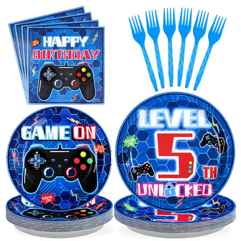 96 Pcs Video Game 5th Birthday Party Plates and Napkins - Grencian
