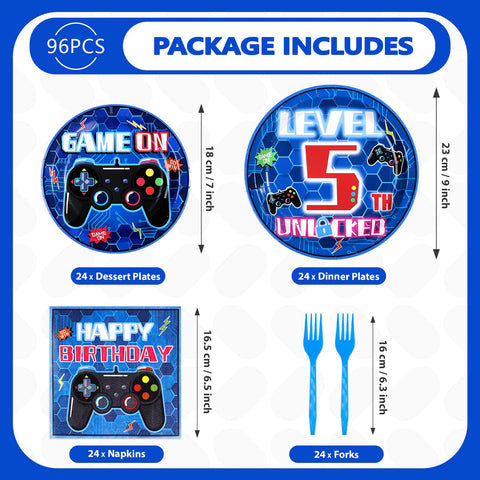 96 Pcs Video Game 5th Birthday Party Plates and Napkins - Grencian
