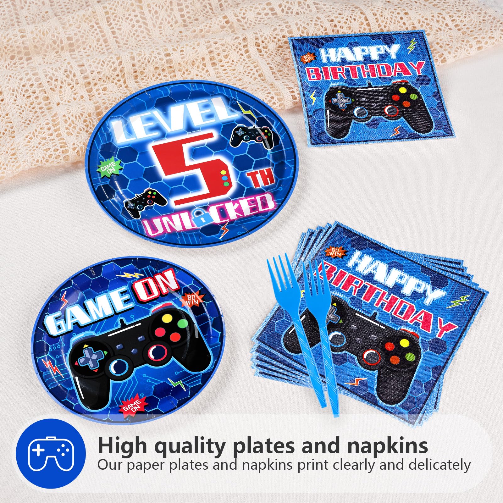 96 Pcs Video Game 5th Birthday Party Plates and Napkins - Grencian