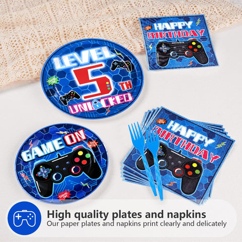 96 Pcs Video Game 5th Birthday Party Plates and Napkins - Grencian