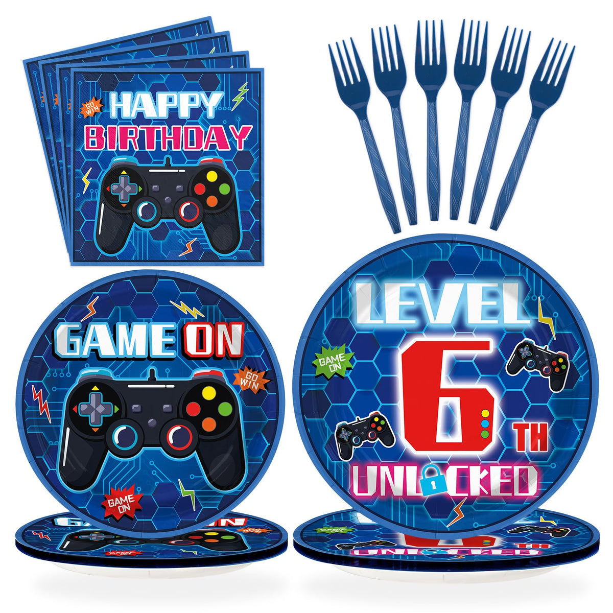 96 Pcs Video Game 6th Birthday Party Plates and Napkins - Grencian