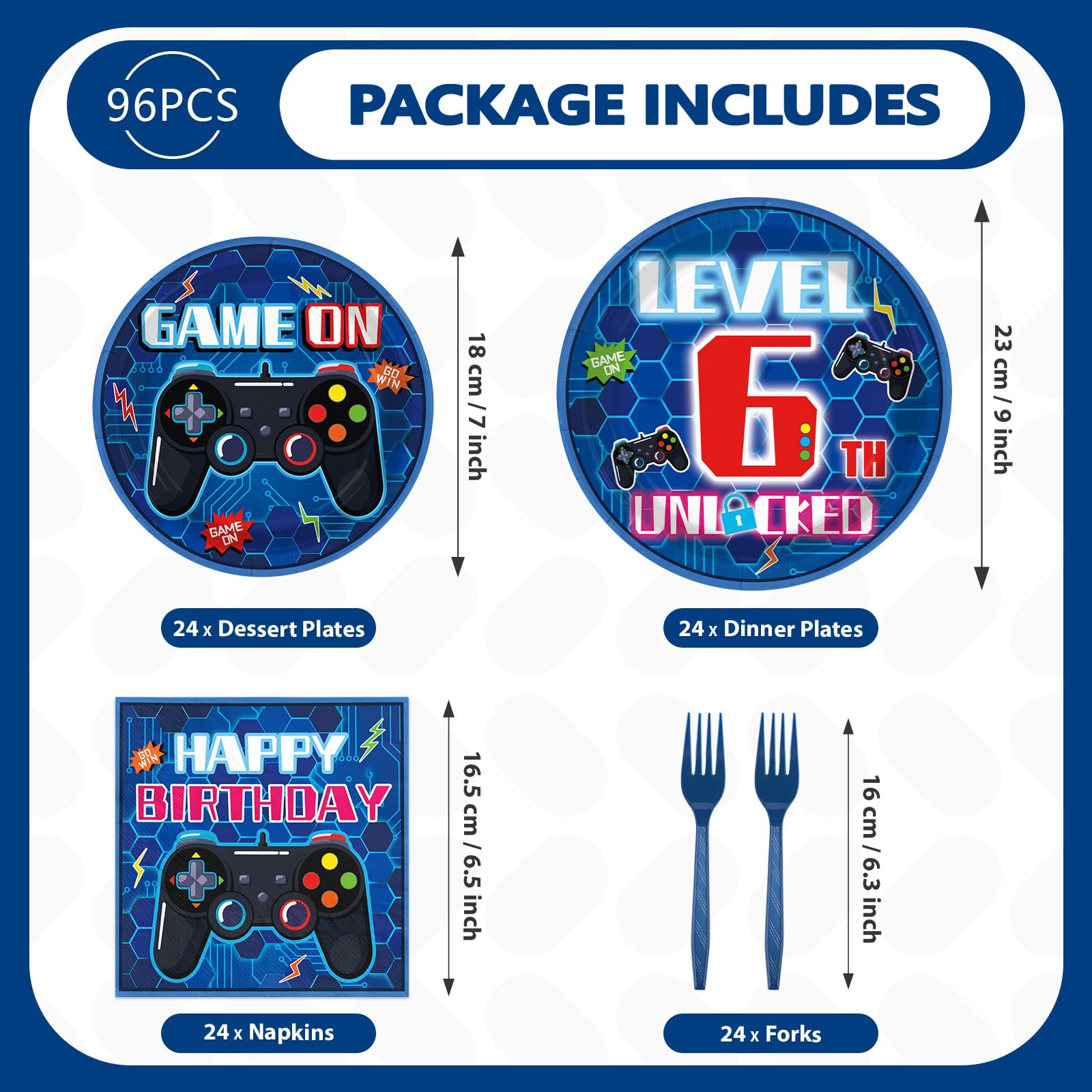96 Pcs Video Game 6th Birthday Party Plates and Napkins - Grencian