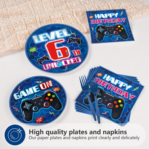 96 Pcs Video Game 6th Birthday Party Plates and Napkins - Grencian