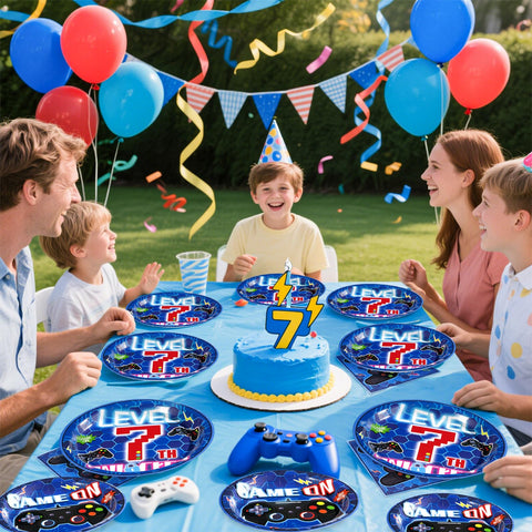 96 Pcs Video Game 7th Birthday Party Plates and Napkins - Grencian