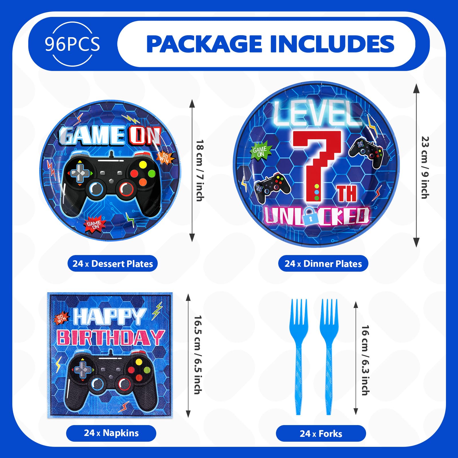 96 Pcs Video Game 7th Birthday Party Plates and Napkins - Grencian