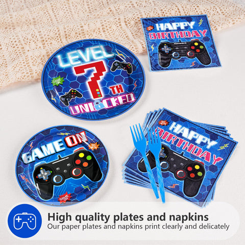 96 Pcs Video Game 7th Birthday Party Plates and Napkins - Grencian