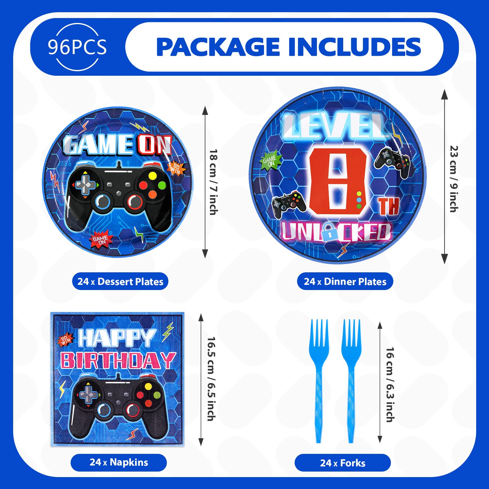 96 Pcs Video Game 8th Birthday Party Plates and Napkins - Grencian