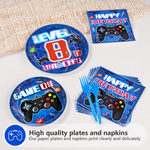 96 Pcs Video Game 8th Birthday Party Plates and Napkins - Grencian