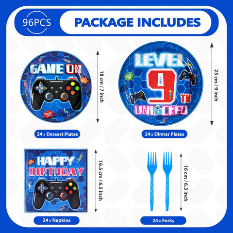 96 Pcs Video Game 9th Birthday Party Plates and Napkins - Grencian