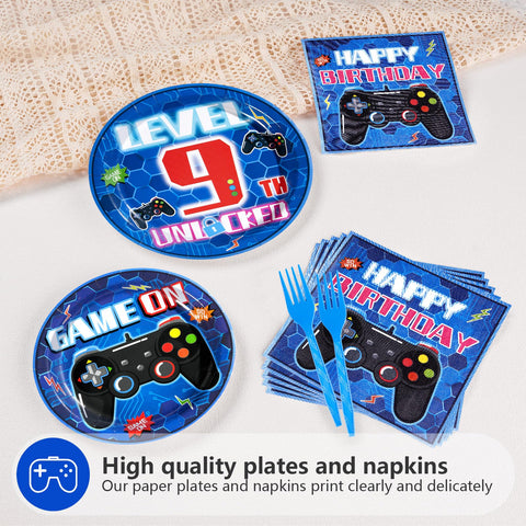 96 Pcs Video Game 9th Birthday Party Plates and Napkins - Grencian