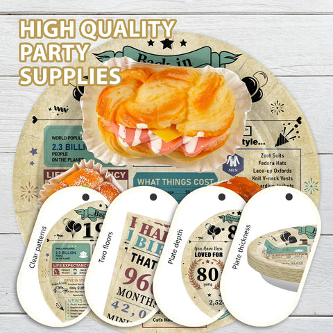 96 Pcs Vintage 80th Birthday Party Plates and Napkins - Grencian