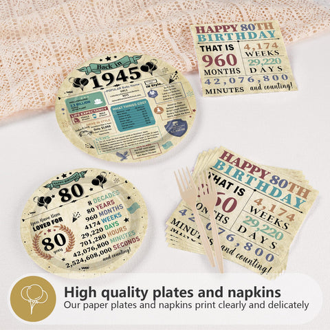 96 Pcs Vintage 80th Birthday Party Plates and Napkins - Grencian