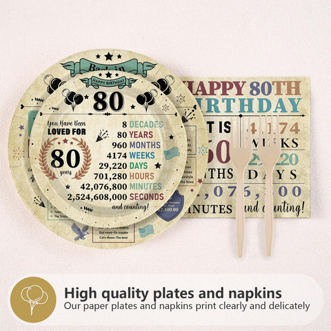 96 Pcs Vintage 80th Birthday Party Plates and Napkins - Grencian