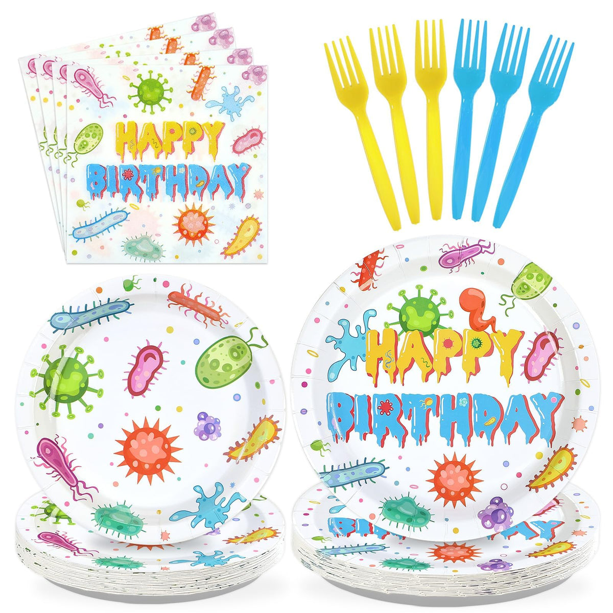 96 Pcs Virus Theme Birthday Party Plates and Napkins - Grencian