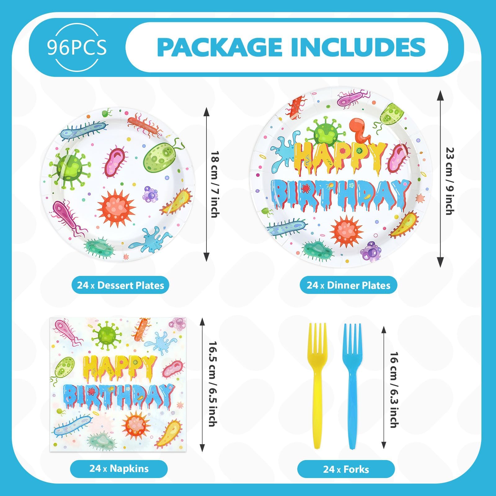96 Pcs Virus Theme Birthday Party Plates and Napkins - Grencian
