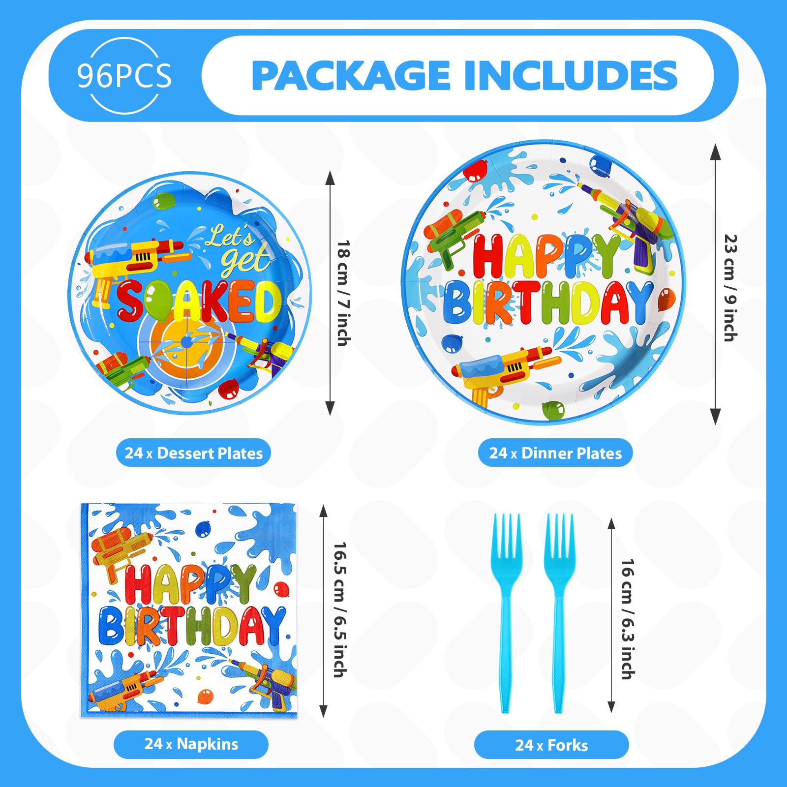 96 Pcs Water Gun Party Plates and Napkins - Grencian