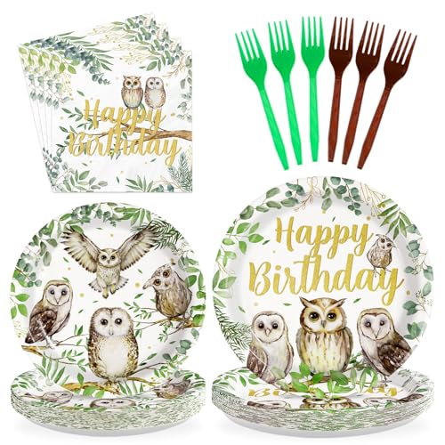 96 Pcs Watercolor Owl Birthday Party Plates and Napkins - Grencian