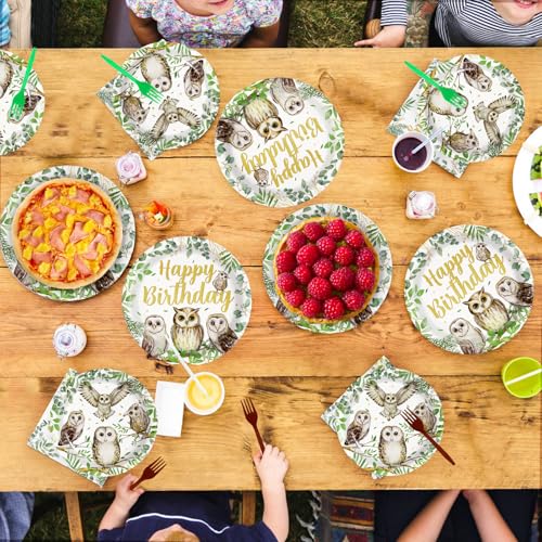 96 Pcs Watercolor Owl Birthday Party Plates and Napkins - Grencian