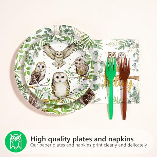96 Pcs Watercolor Owl Birthday Party Plates and Napkins - Grencian