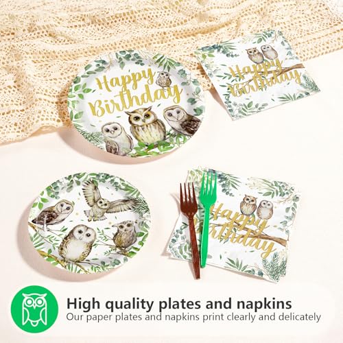 96 Pcs Watercolor Owl Birthday Party Plates and Napkins - Grencian