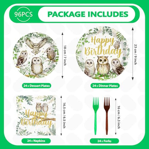 96 Pcs Watercolor Owl Birthday Party Plates and Napkins - Grencian