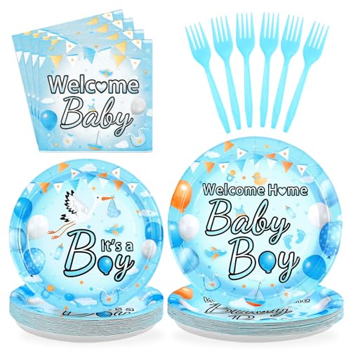 96 Pcs Welcome Home Baby Boy Party Plates and Napkins - Grencian