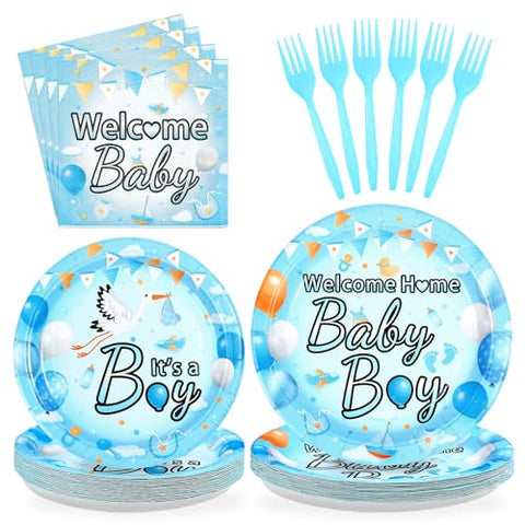 96 Pcs Welcome Home Baby Boy Party Plates and Napkins - Grencian