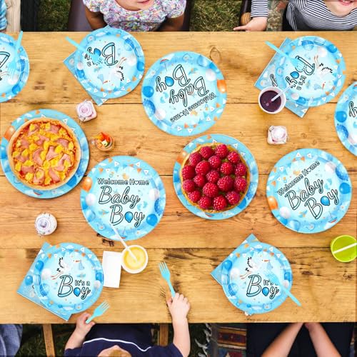 96 Pcs Welcome Home Baby Boy Party Plates and Napkins - Grencian