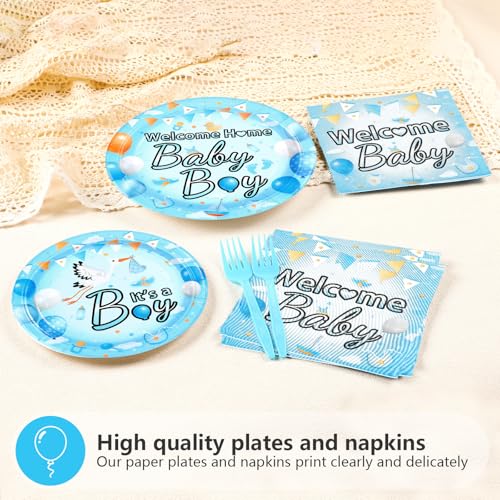 96 Pcs Welcome Home Baby Boy Party Plates and Napkins - Grencian