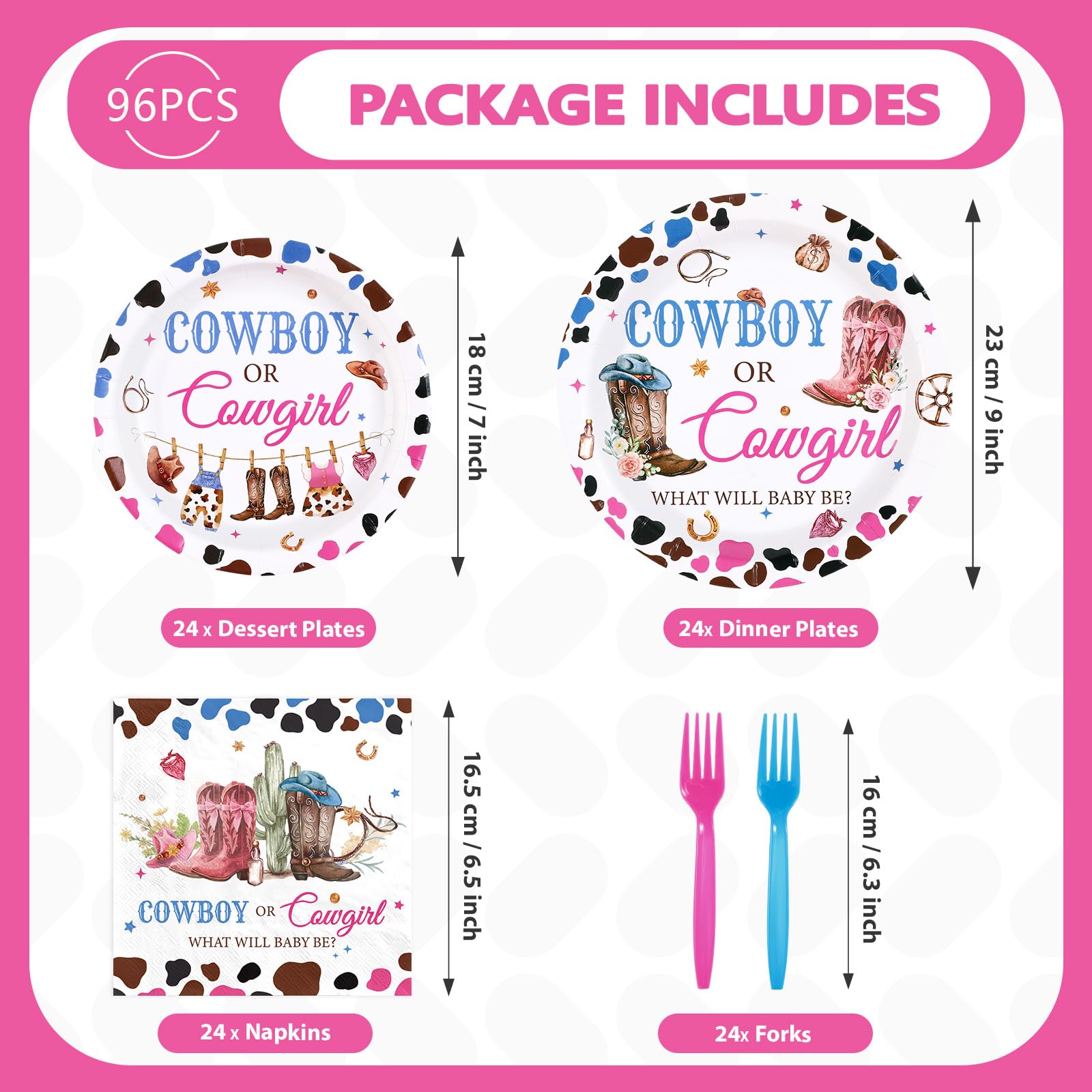 96 Pcs Western Gender Reveal Party Plates and Napkins - Grencian