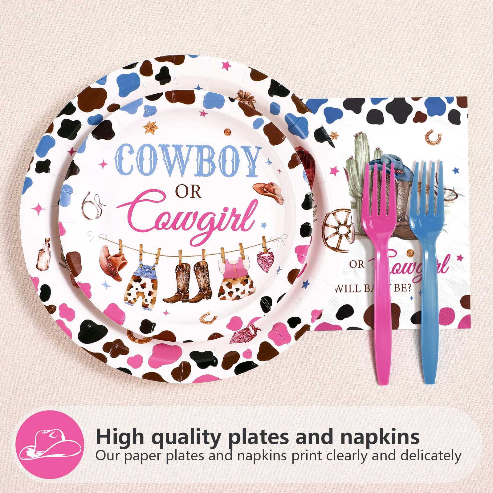 96 Pcs Western Gender Reveal Party Plates and Napkins - Grencian
