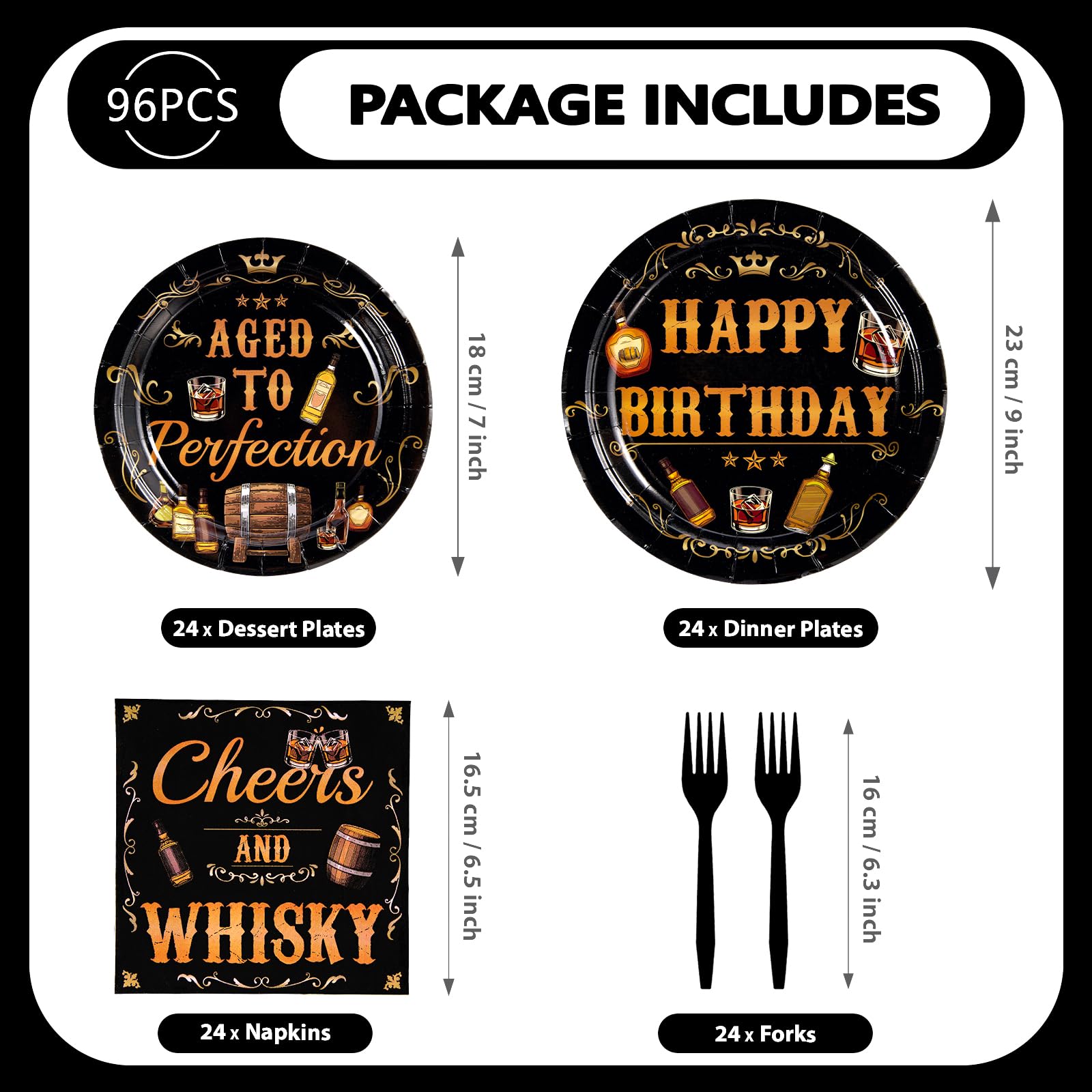 96 Pcs Whiskey Birthday Party Plates and Napkins - Grencian