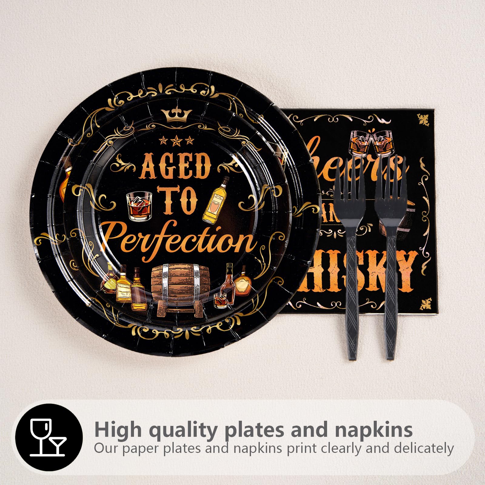 96 Pcs Whiskey Birthday Party Plates and Napkins - Grencian