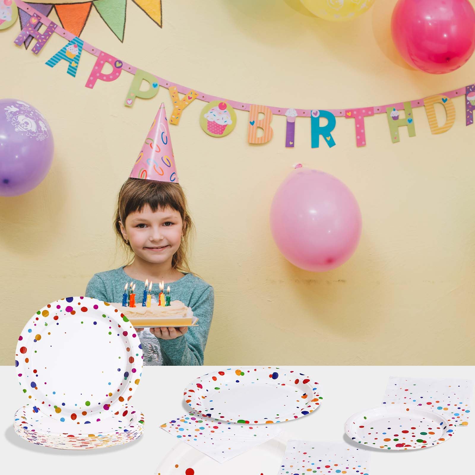 96 Pcs White Colorful Dots Party Plates and Napkins - Grencian