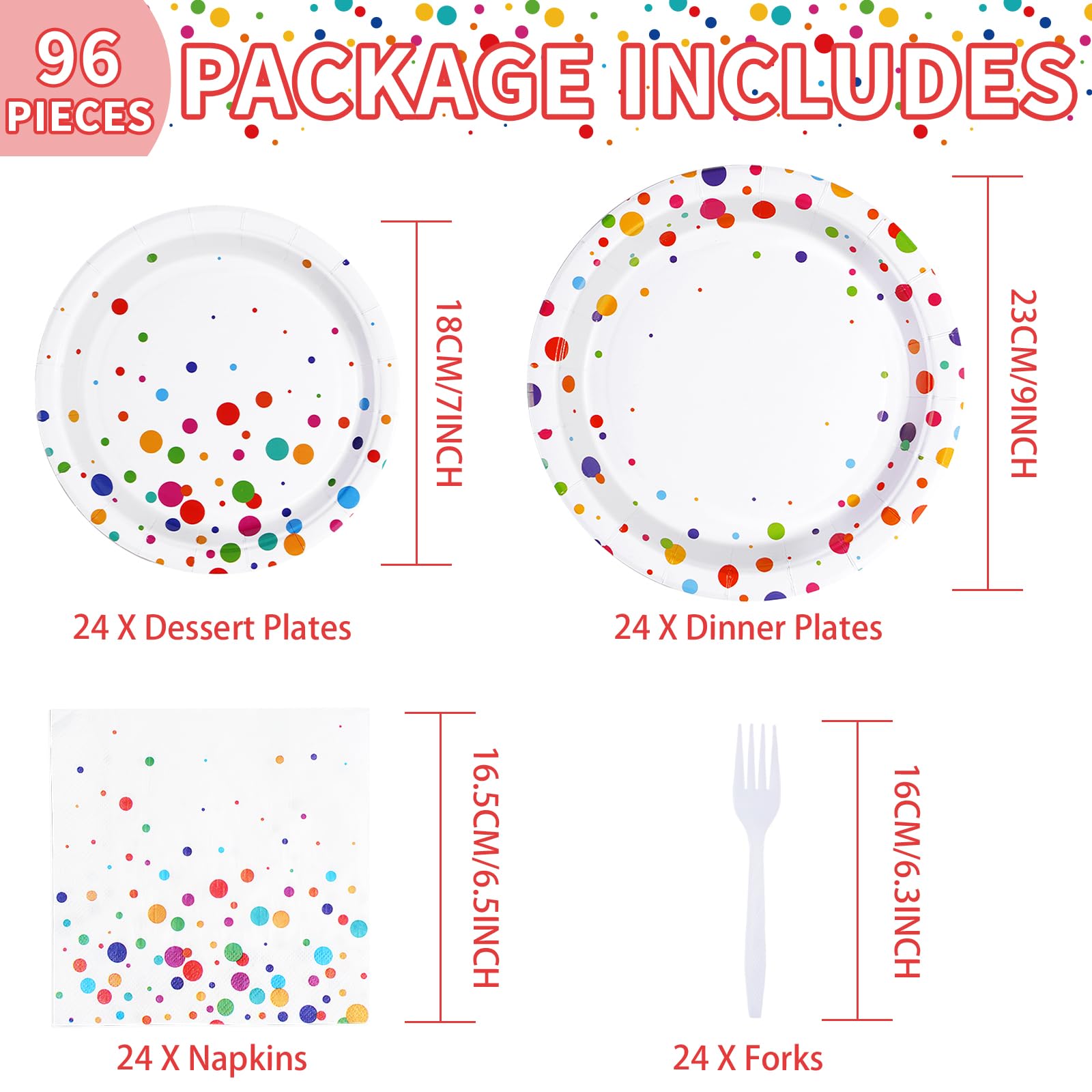 96 Pcs White Colorful Dots Party Plates and Napkins - Grencian