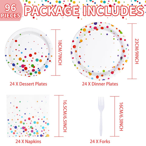 96 Pcs White Colorful Dots Party Plates and Napkins - Grencian