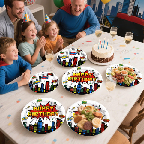 96 Pcs White Comic Hero Party Plates and Napkins - Grencian