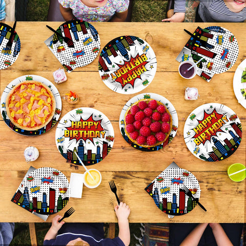 96 Pcs White Comic Hero Party Plates and Napkins - Grencian