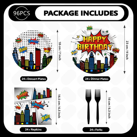 96 Pcs White Comic Hero Party Plates and Napkins - Grencian