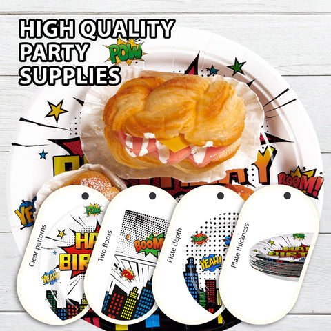 96 Pcs White Comic Hero Party Plates and Napkins - Grencian