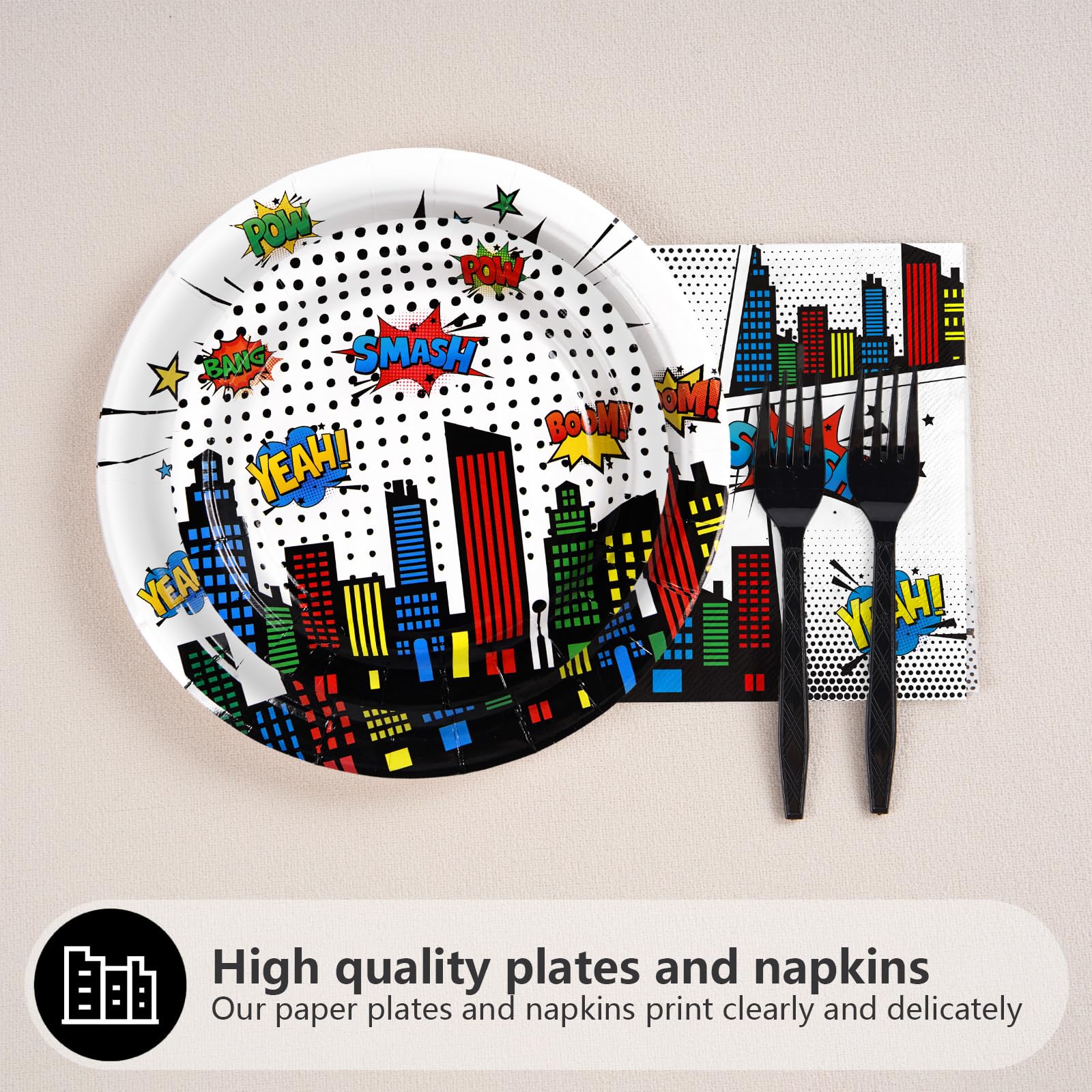 96 Pcs White Comic Hero Party Plates and Napkins - Grencian