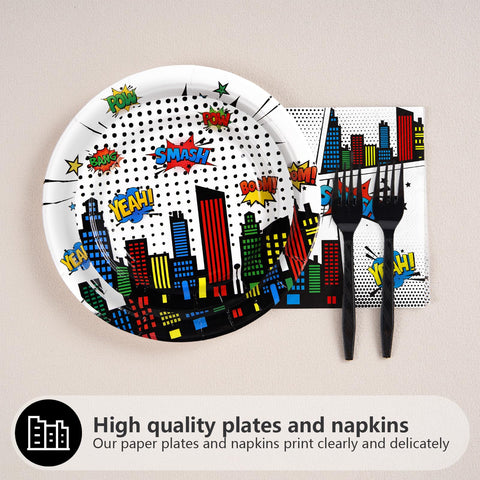 96 Pcs White Comic Hero Party Plates and Napkins - Grencian
